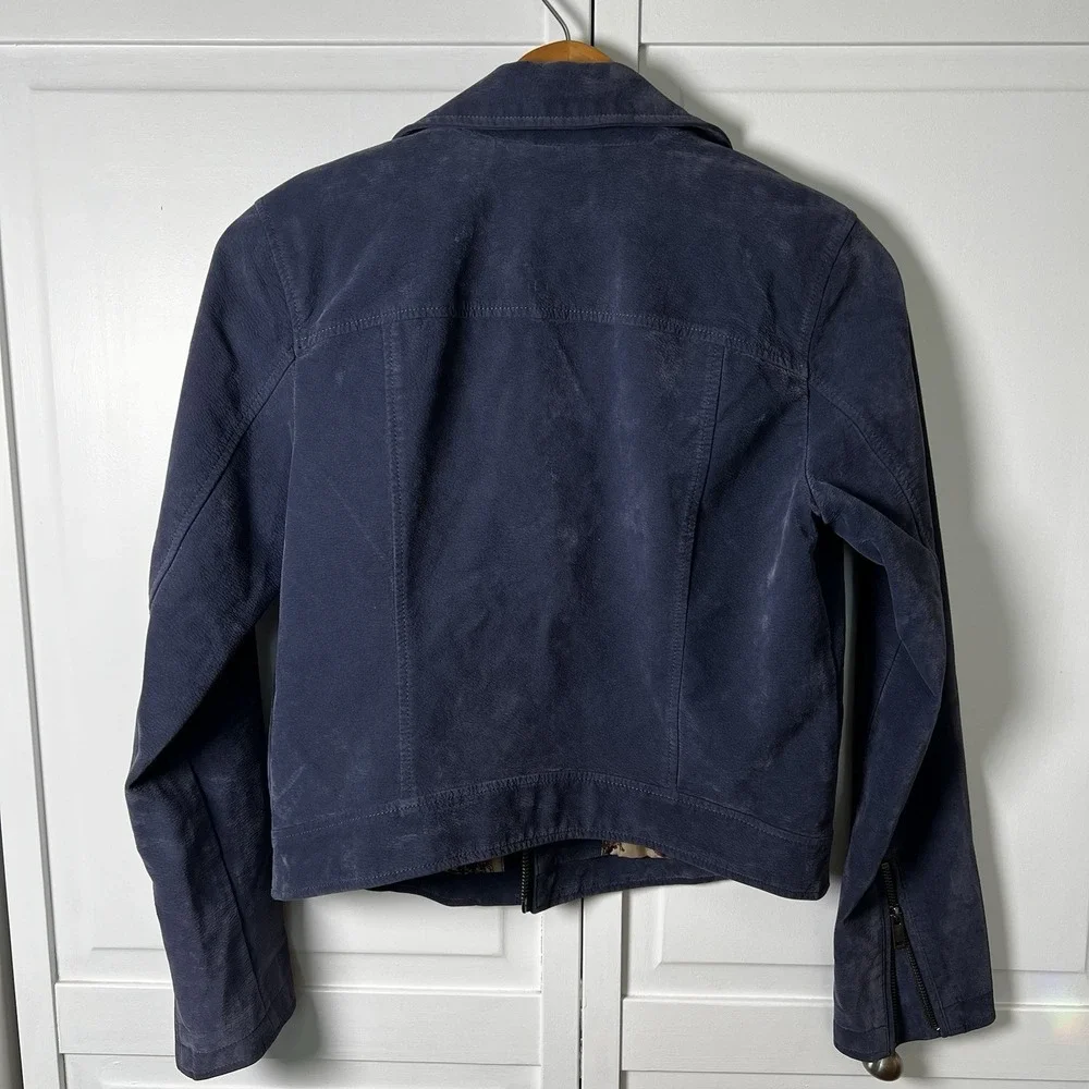 Anthropologie Women's Coat Small Biddle Moto Jacket Navy Suede Zip Lined Paisley